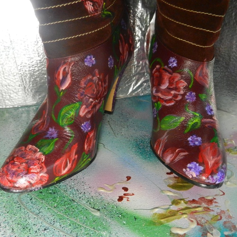 VTG OOAK floral suede boots Never Promised You a Rose Garden burgundy leather - Picture 7 of 16